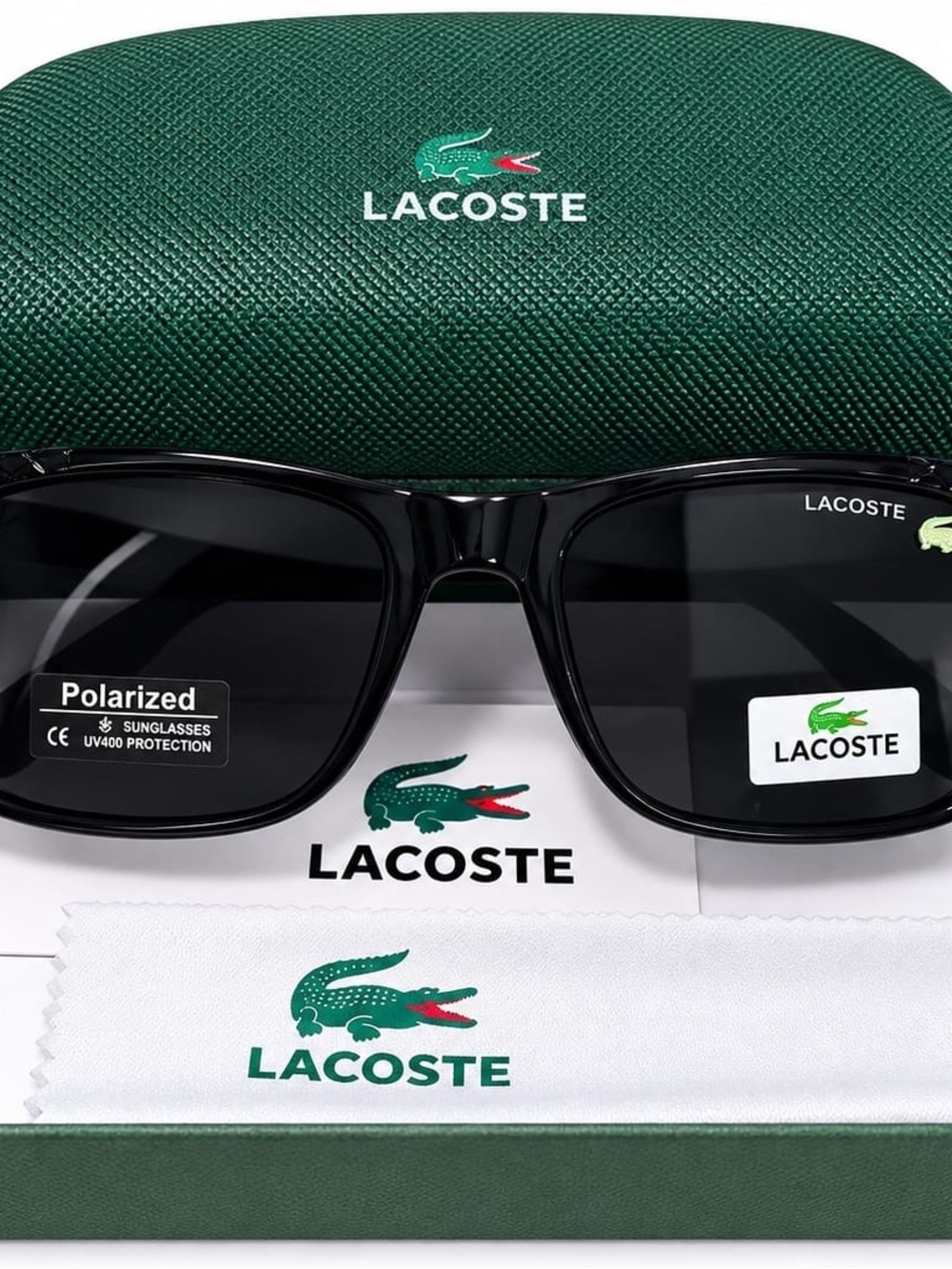 Lacoste Black Sunglasses with Green Logo Case and Cloth